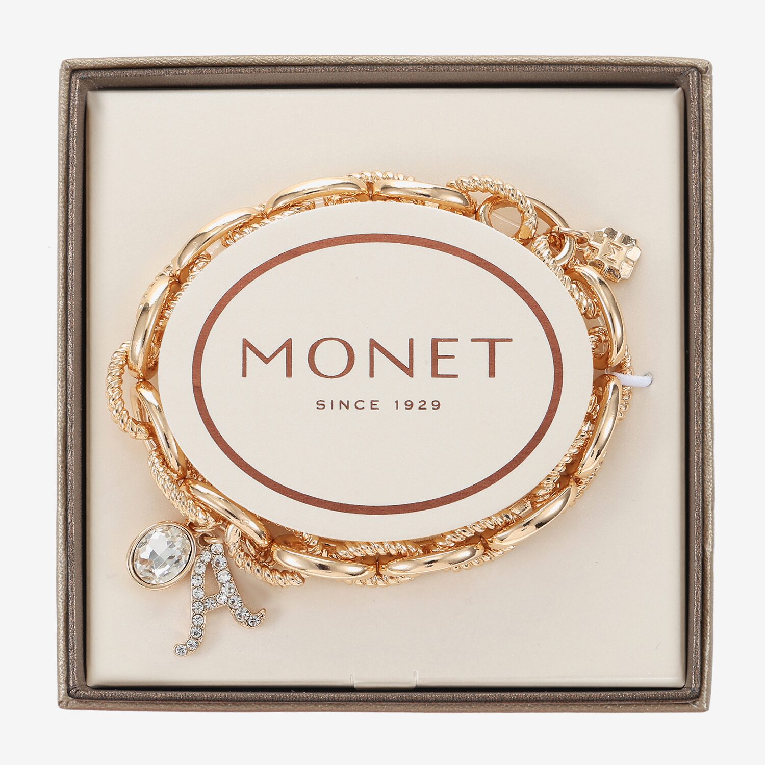 Monet Jewelry Gold Tone Initial Stretch Womens Glass Oval Charm Bracelet