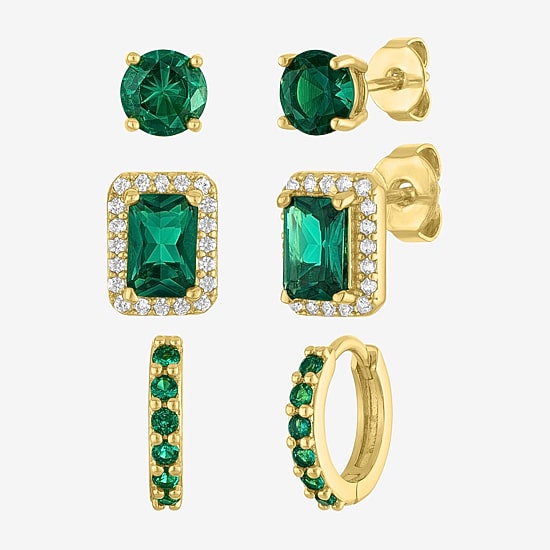 Womens Simulated Green Emerald 14K Gold Over Brass 3 Pair Earring Set