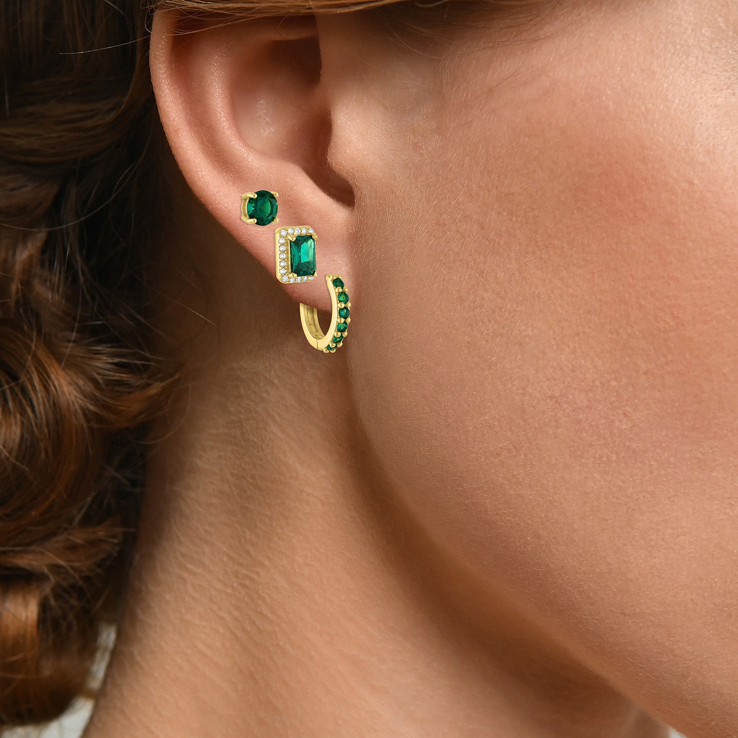 Womens Simulated Green Emerald 14K Gold Over Brass 3 Pair Earring Set