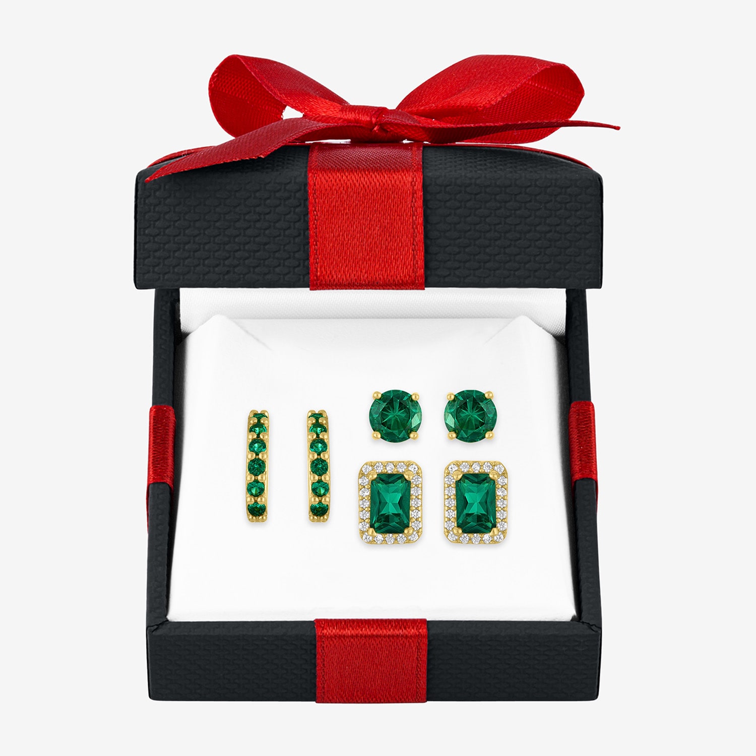 Womens Simulated Green Emerald 14K Gold Over Brass 3 Pair Earring Set