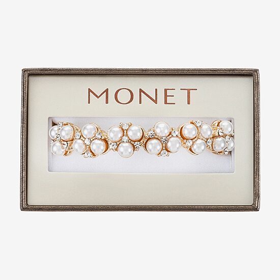 Monet Jewelry Womens Glass Simulated Pearl Round Bangle Bracelet