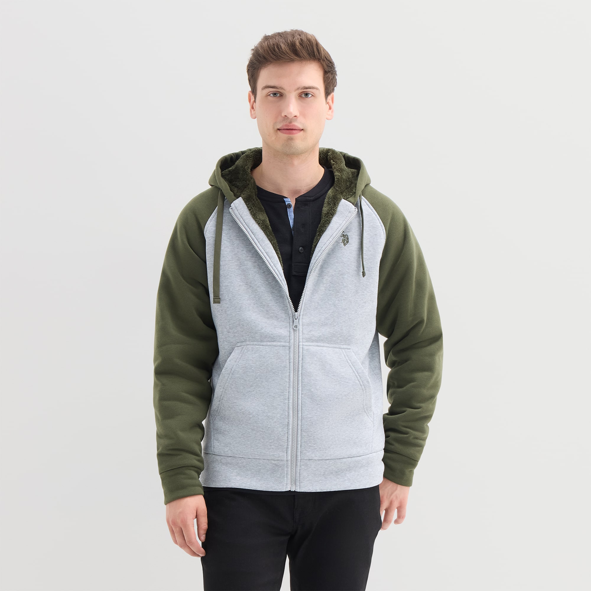 U.S. Polo Assn. Raglan Sherpa Mens Long Sleeve Embroidered Zipper Hoodie