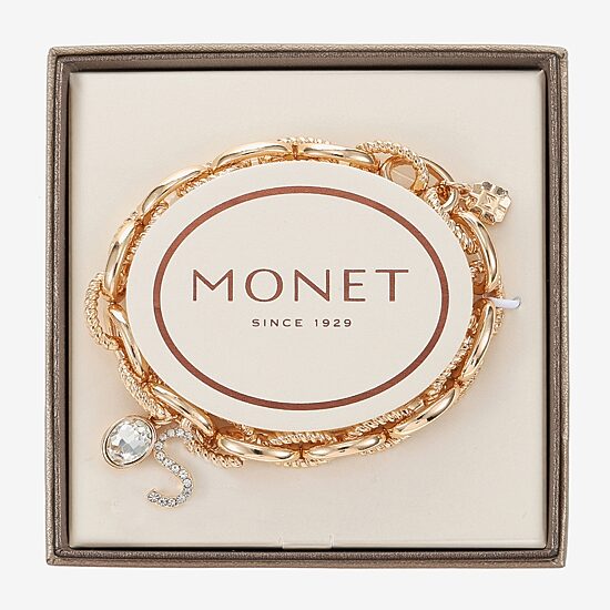 Monet Jewelry Gold Tone Initial Stretch Womens Glass Oval Charm Bracelet