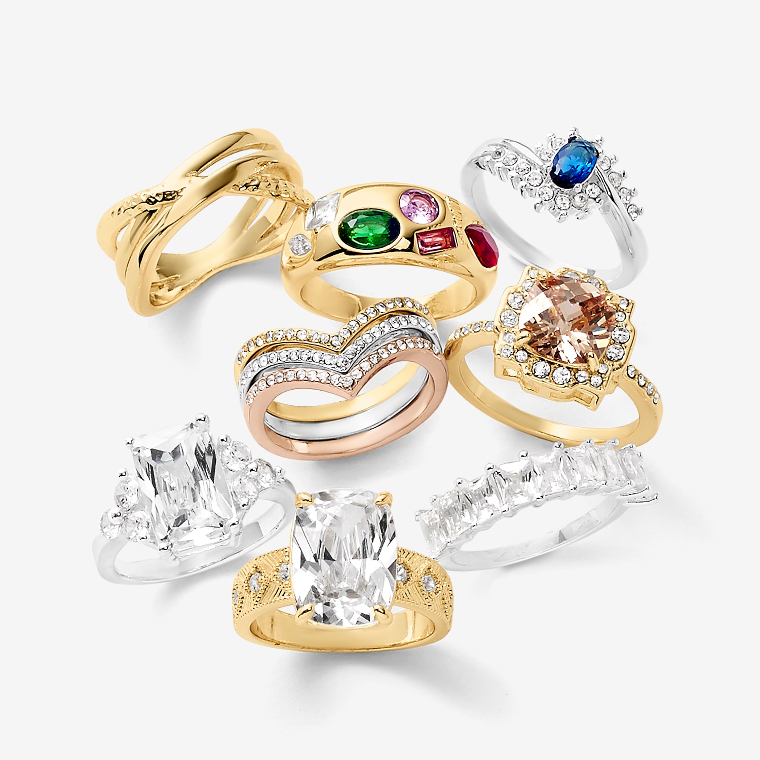 Sparkle Allure Curved Chevron Delicate Womens Crystal 14K Gold Over Brass 18K Rose Ring Set
