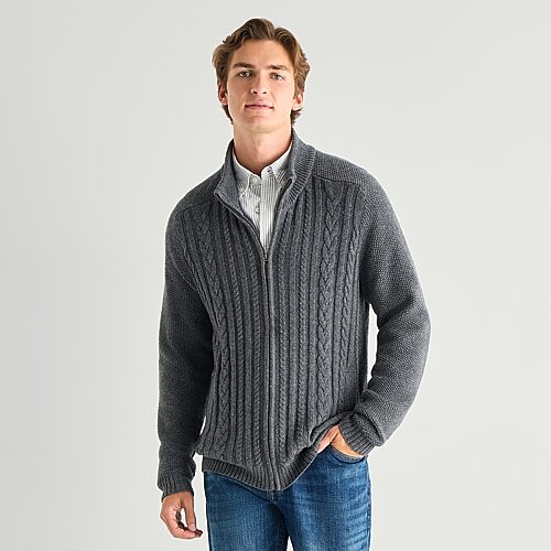 St. John's Bay Cable Mens Mock Neck Long Sleeve Zipper Cable Knit Cardigan In Gray