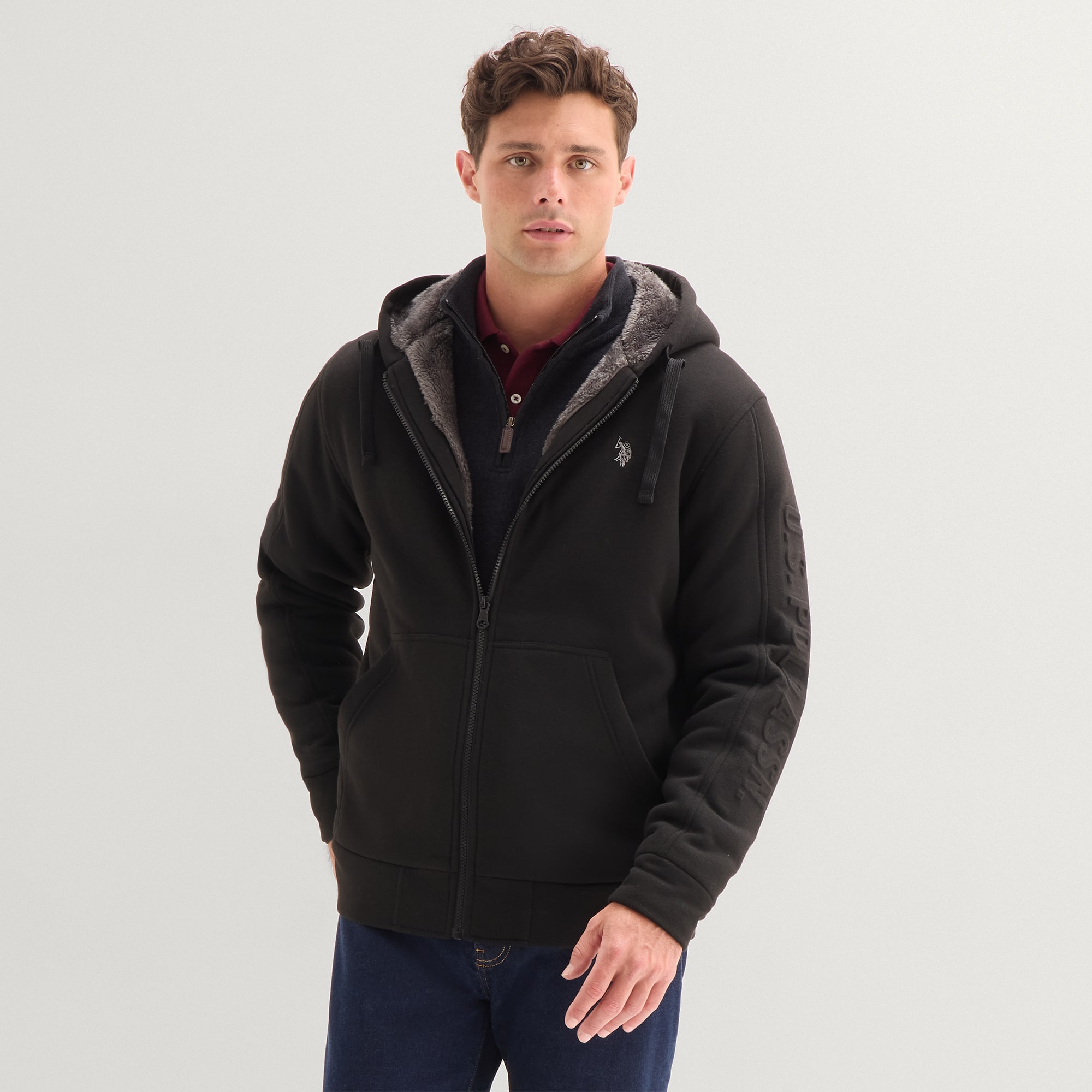 U.S. Polo Assn. Embossed Sherpa Mens Long Sleeve Embroidered Zipper Hoodie