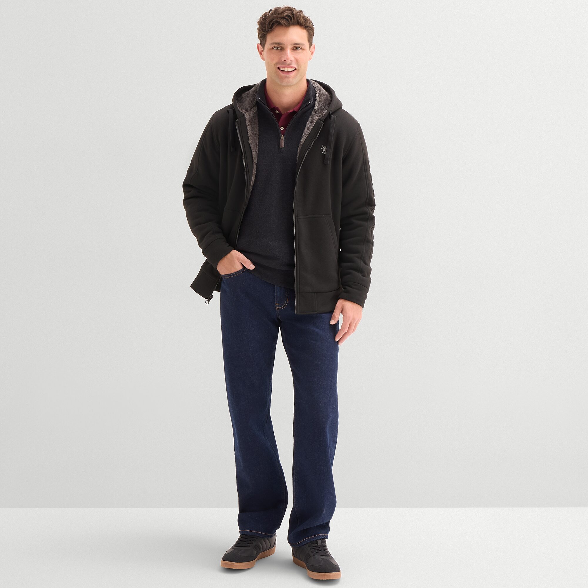 U.S. Polo Assn. Embossed Sherpa Mens Long Sleeve Embroidered Zipper Hoodie