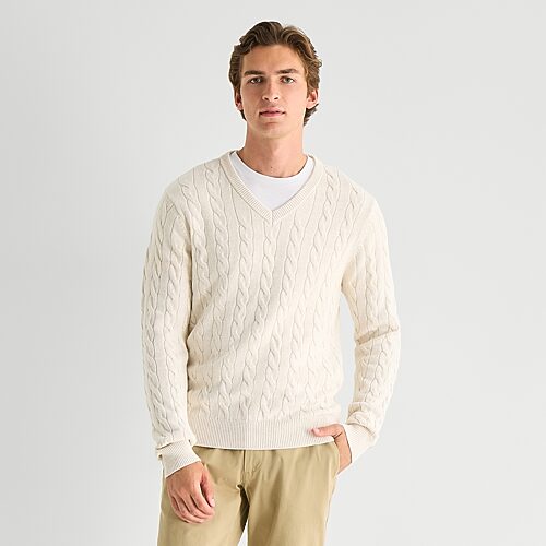 St. John's Bay Cable Mens V Neck Long Sleeve Pullover Sweater In White