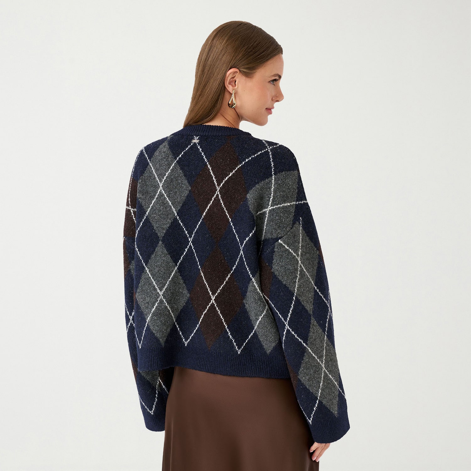 RM Rebecca Minkoff Womens Round Neck Long Sleeve Argyle Pullover Sweater