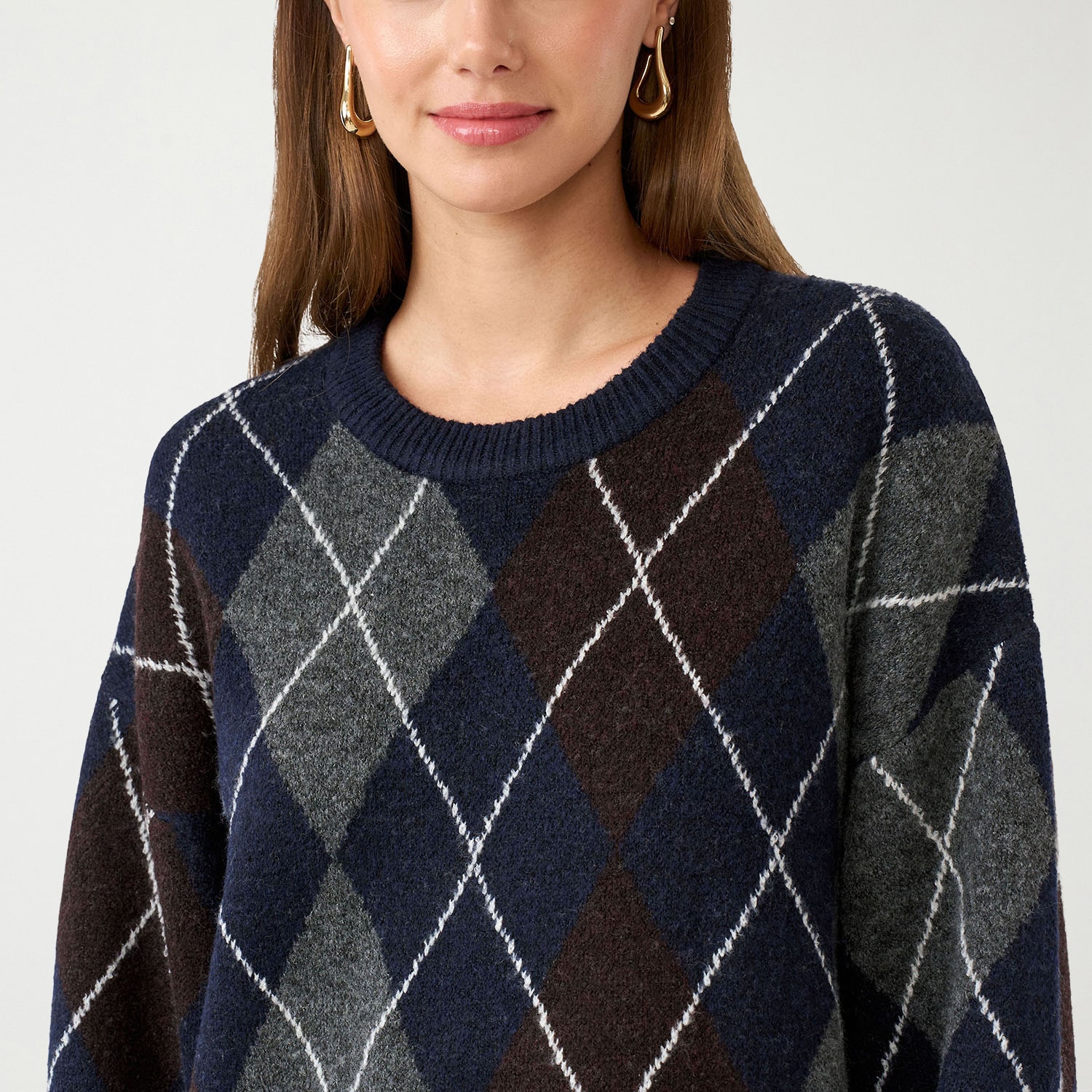 RM Rebecca Minkoff Womens Round Neck Long Sleeve Argyle Pullover Sweater