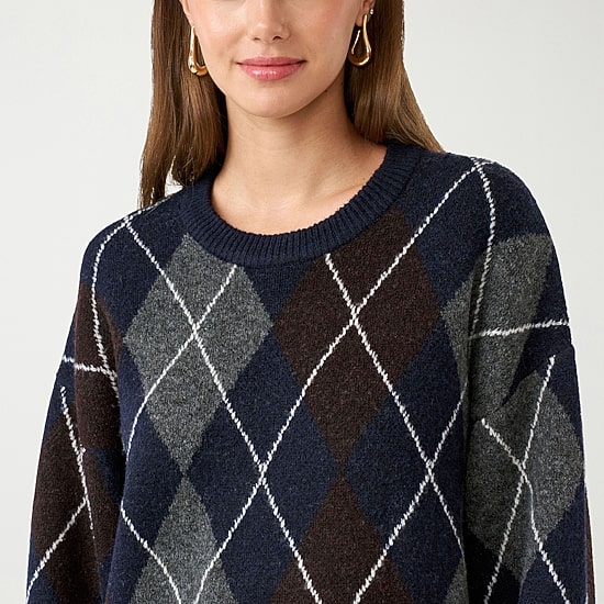 RM Rebecca Minkoff Womens Round Neck Long Sleeve Argyle Pullover Sweater