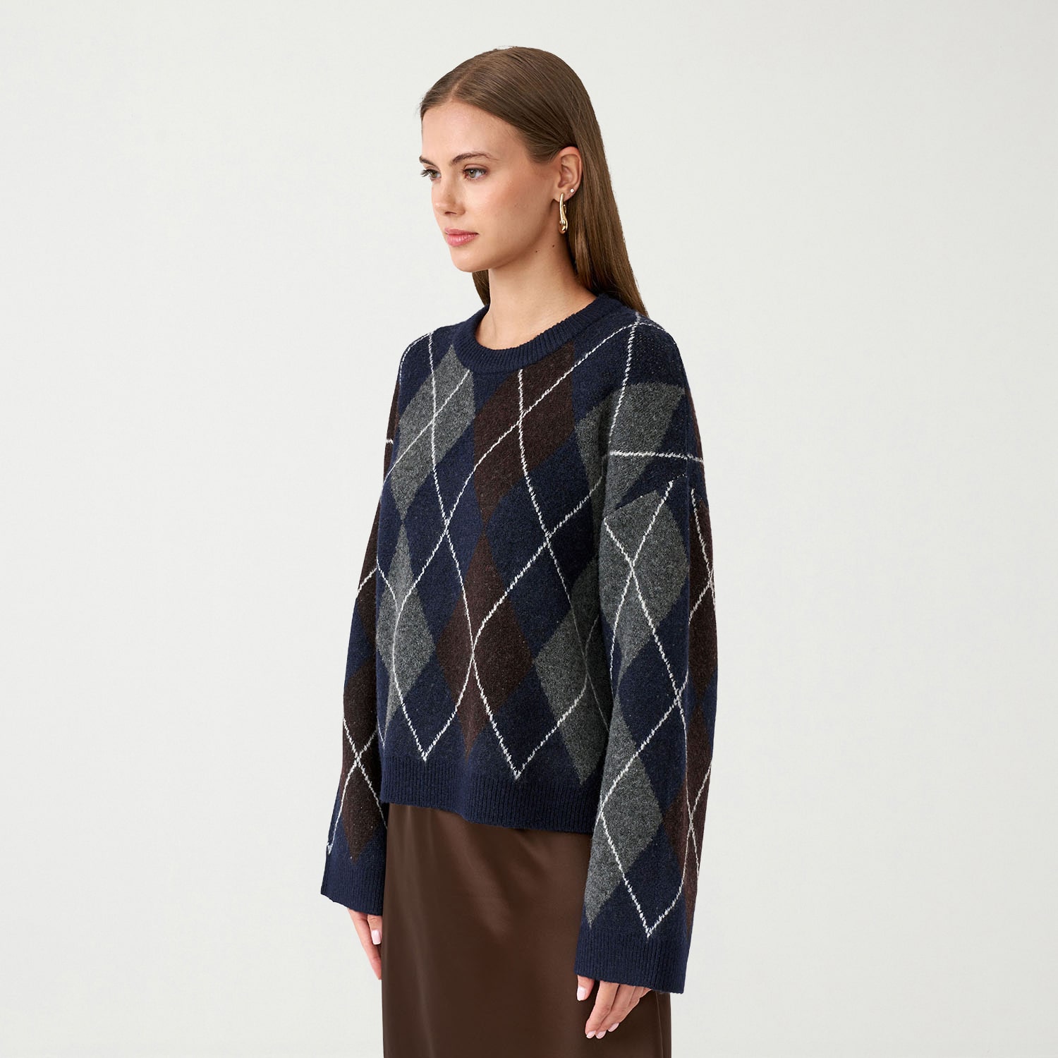 RM Rebecca Minkoff Womens Round Neck Long Sleeve Argyle Pullover Sweater