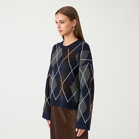 RM Rebecca Minkoff Womens Round Neck Long Sleeve Argyle Pullover Sweater