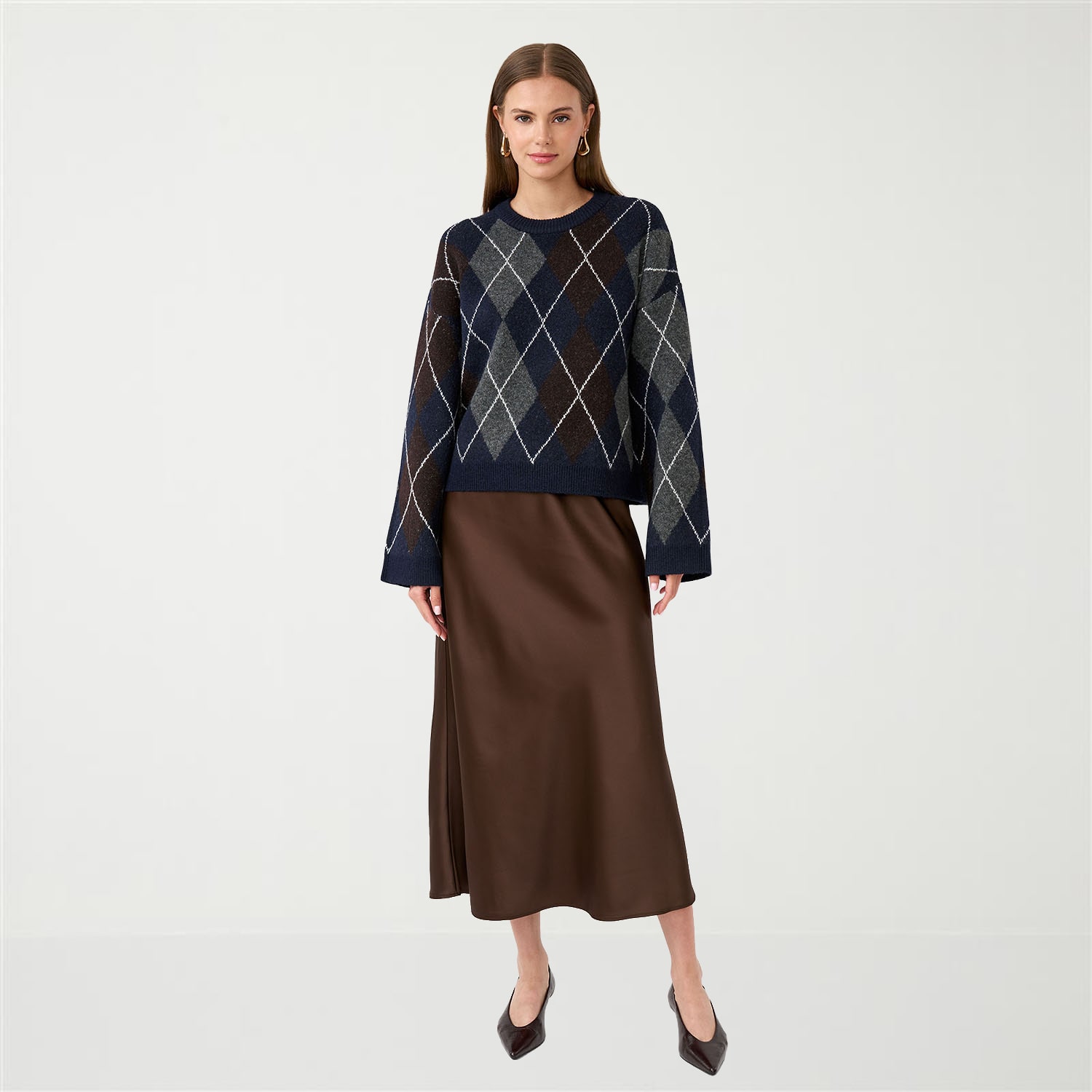 RM Rebecca Minkoff Womens Round Neck Long Sleeve Argyle Pullover Sweater