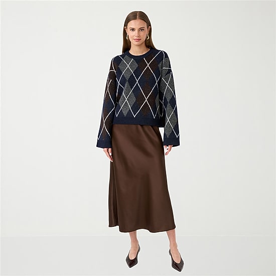 RM Rebecca Minkoff Womens Round Neck Long Sleeve Argyle Pullover Sweater