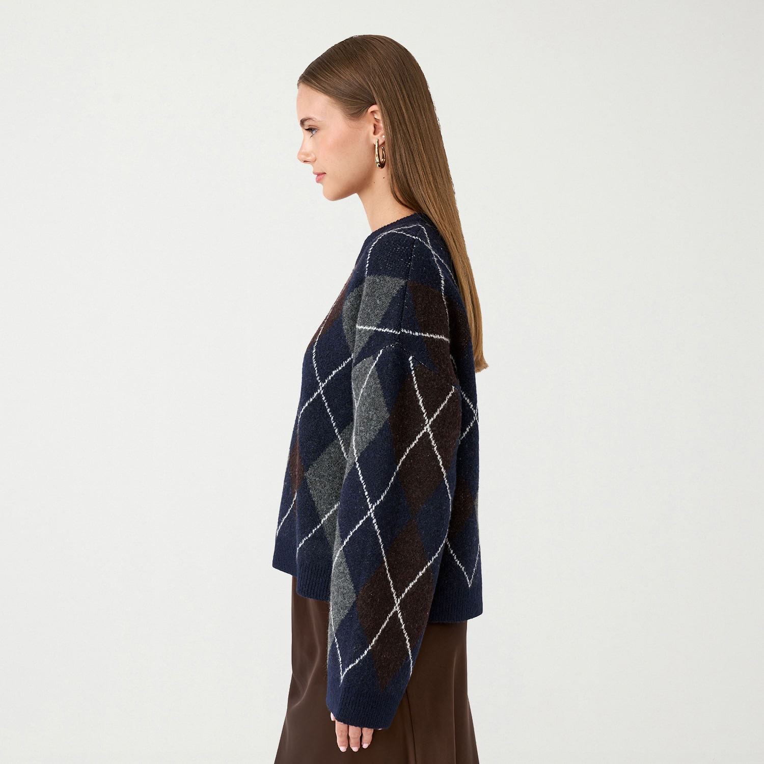 RM Rebecca Minkoff Womens Round Neck Long Sleeve Argyle Pullover Sweater