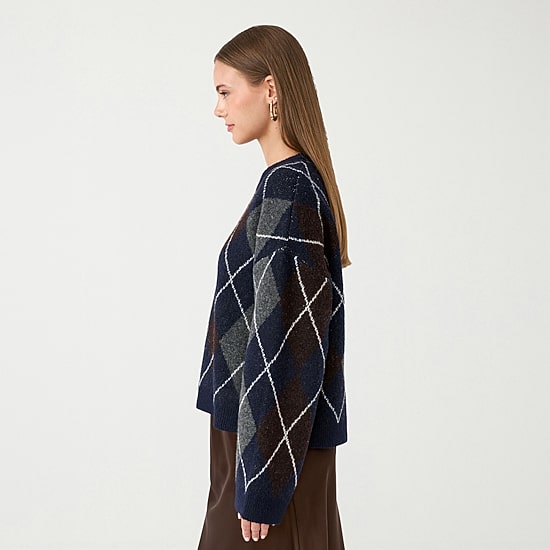 RM Rebecca Minkoff Womens Round Neck Long Sleeve Argyle Pullover Sweater