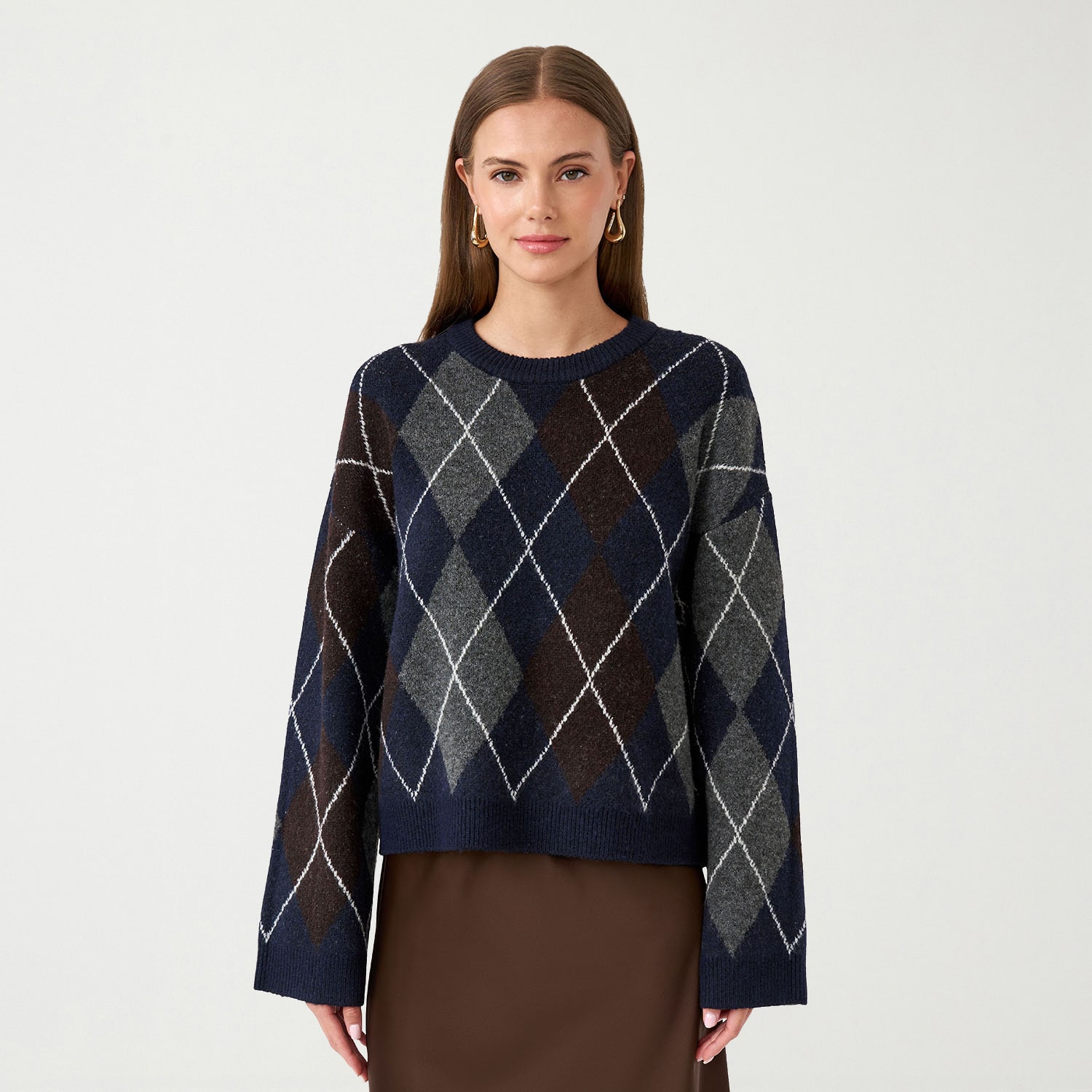 RM Rebecca Minkoff Womens Round Neck Long Sleeve Argyle Pullover Sweater