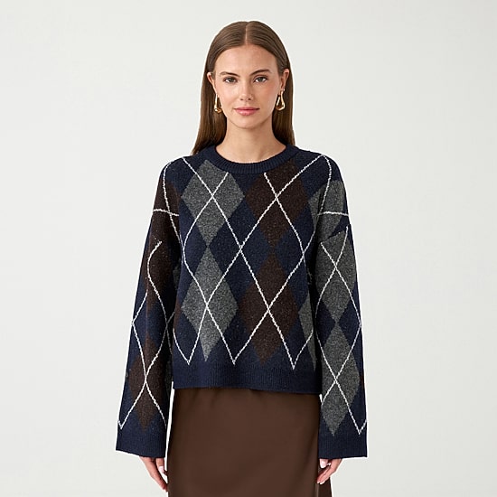 RM Rebecca Minkoff Womens Round Neck Long Sleeve Argyle Pullover Sweater
