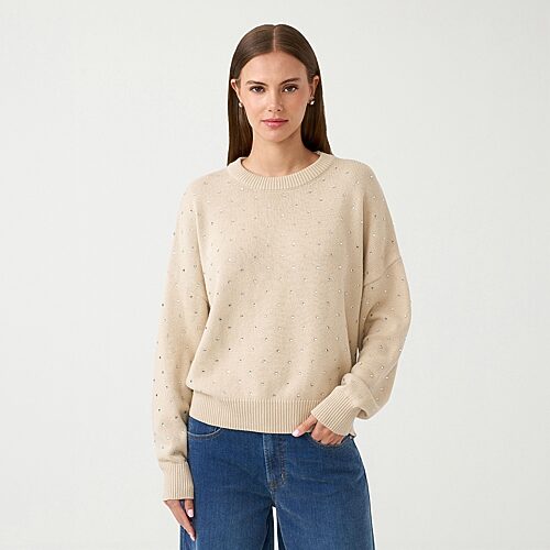 Rm Rebecca Minkoff Womens Crew Neck Embellished Long Sleeve Pullover Sweater In Beige
