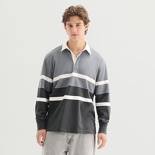 Arizona Mens Crew Neck Long Sleeve Regular Fit Striped Rugby Shirt In Gray