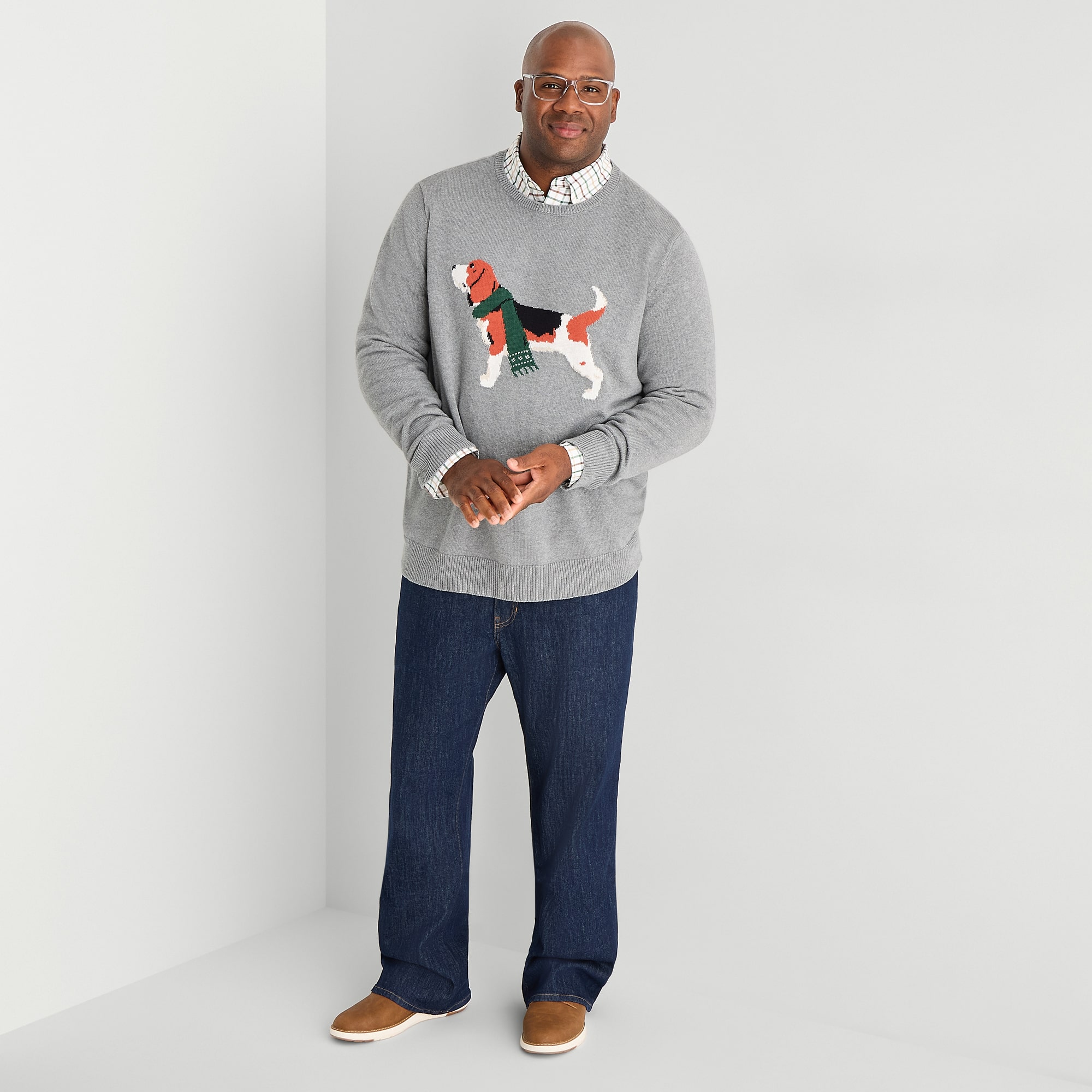 St. John's Bay Intarsia Dog Big and Tall Mens Crew Neck Long Sleeve Pullover Sweater