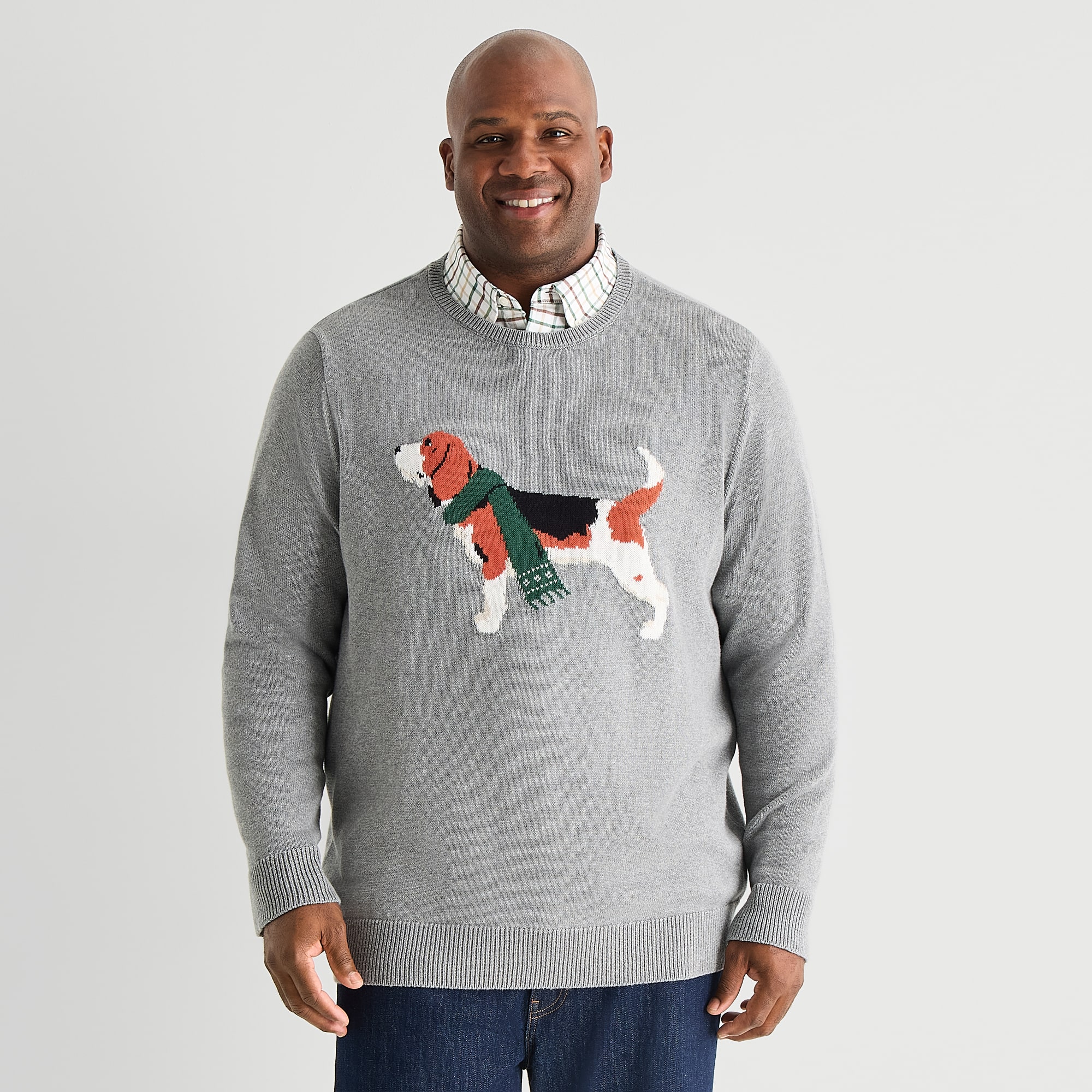 St. John's Bay Intarsia Dog Big and Tall Mens Crew Neck Long Sleeve Pullover Sweater