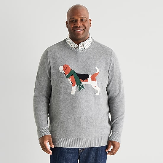 St. John's Bay Intarsia Dog Big and Tall Mens Crew Neck Long Sleeve Pullover Sweater