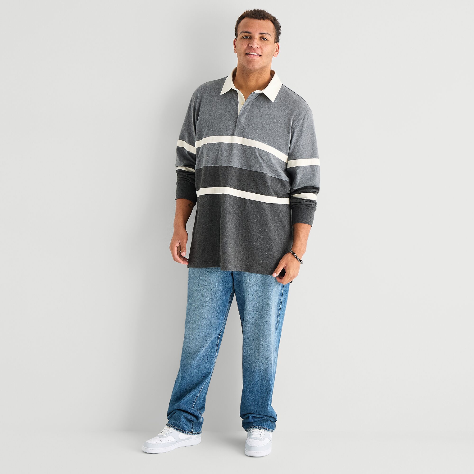 Arizona Mens Crew Neck Long Sleeve Classic Fit Striped Big and Tall Rugby Shirt