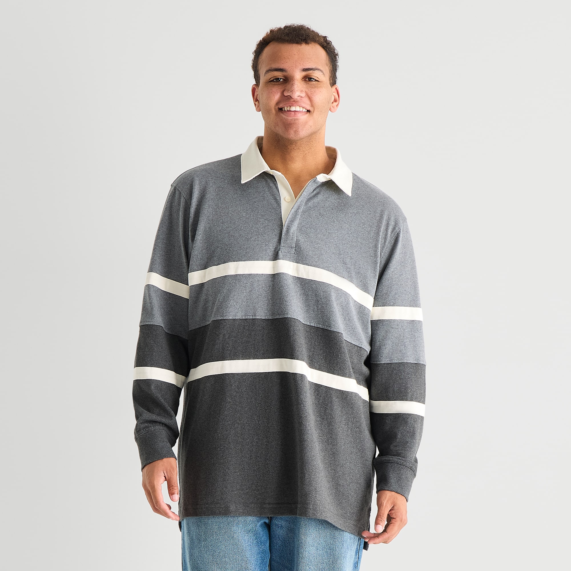 Arizona Mens Crew Neck Long Sleeve Classic Fit Striped Big and Tall Rugby Shirt