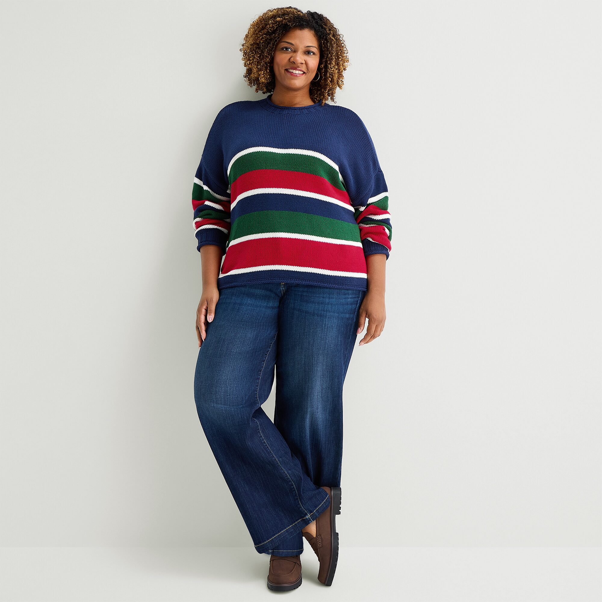 St. John's Bay Plus Womens Crew Neck Long Sleeve Striped Pullover Sweater