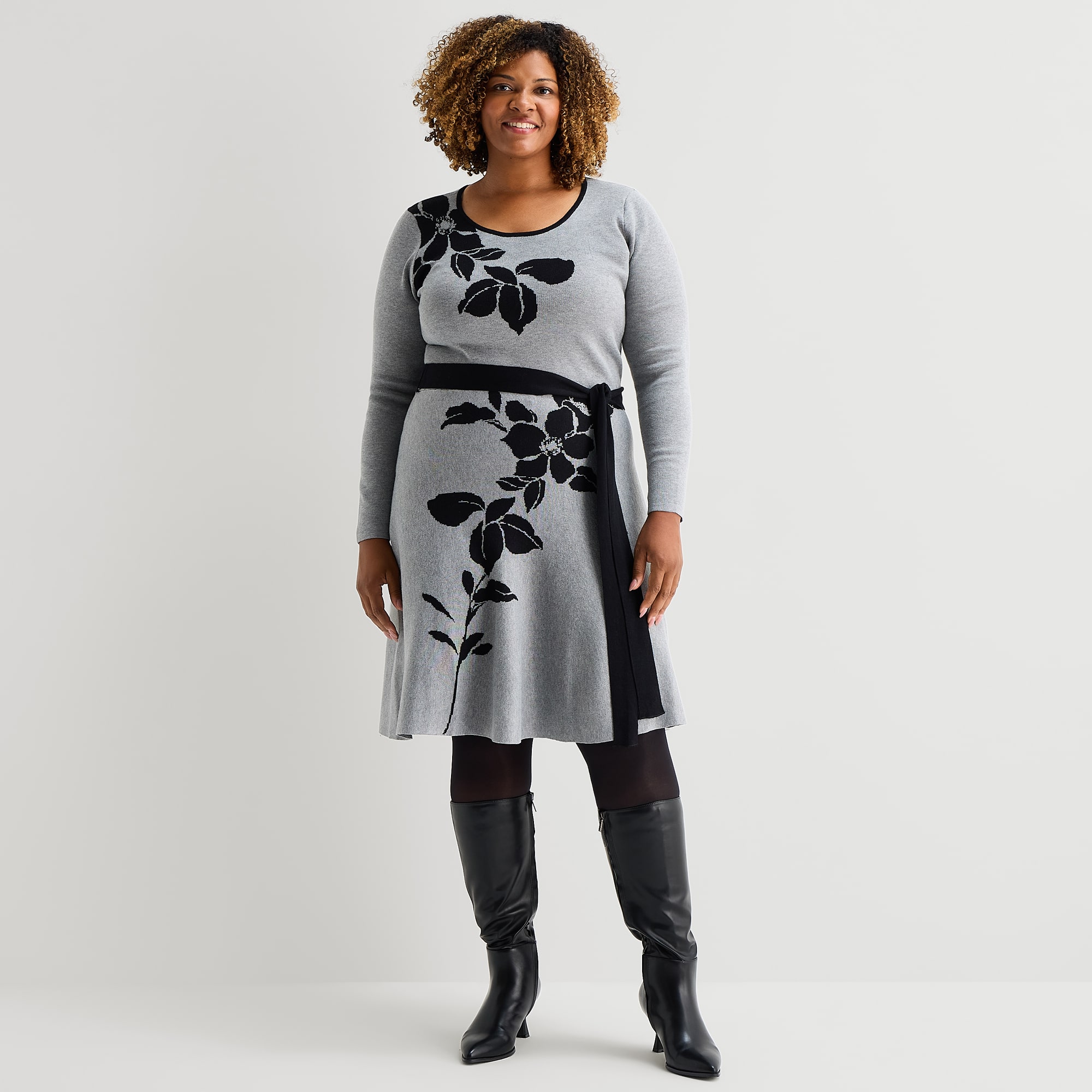 Danny & Nicole Womens Plus Long Sleeve Belted Floral Sweater Dress