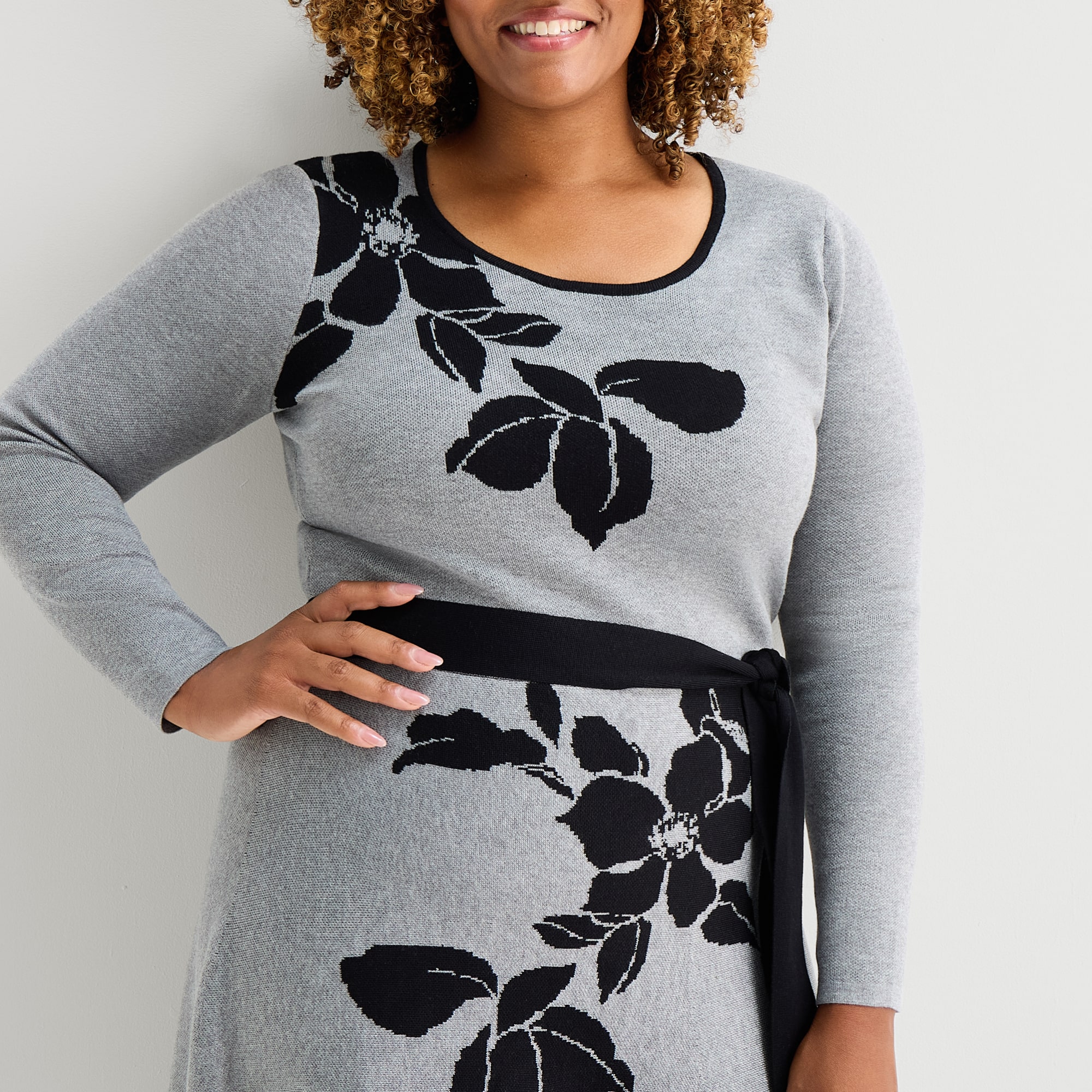 Danny & Nicole Womens Plus Long Sleeve Belted Floral Sweater Dress