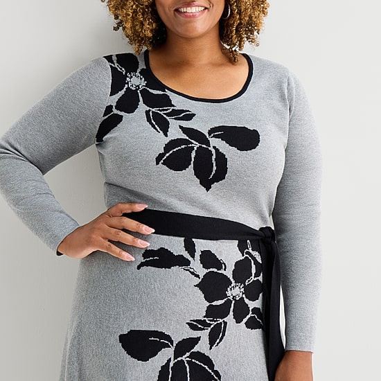 Danny & Nicole Womens Plus Long Sleeve Belted Floral Sweater Dress