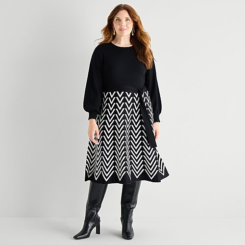 Jessica Howard Womens Plus Long Sleeve Belted Chevron Midi Sweater Dress In Black