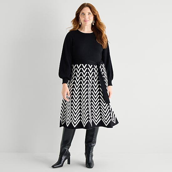 Jessica Howard Womens Plus Long Sleeve Belted Chevron Midi Sweater Dress
