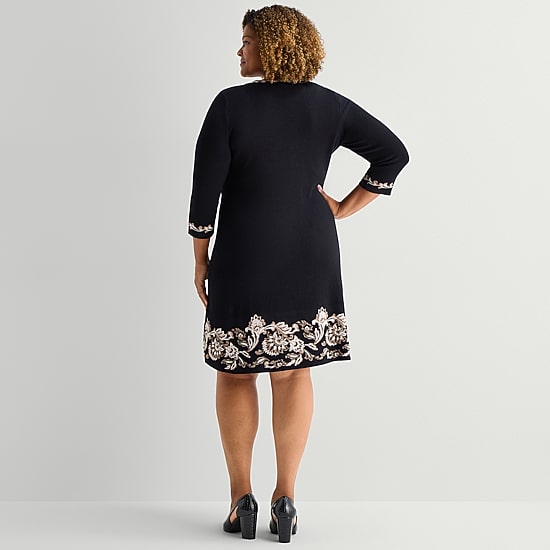 Jessica Howard Womens Plus 3/4 Sleeve Bordered Sweater Dress