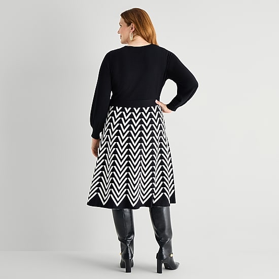Jessica Howard Womens Plus Long Sleeve Belted Chevron Midi Sweater Dress