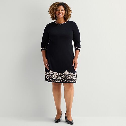 Jessica Howard Womens Plus 3/4 Sleeve Bordered Sweater Dress In Black