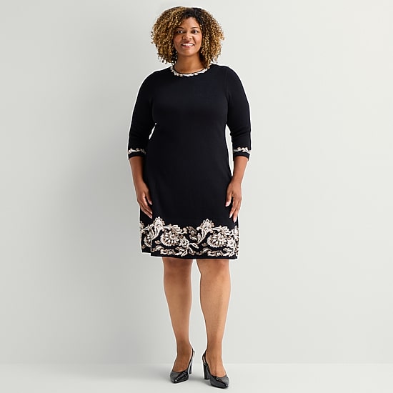 Jessica Howard Womens Plus 3/4 Sleeve Bordered Sweater Dress