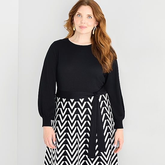 Jessica Howard Womens Plus Long Sleeve Belted Chevron Midi Sweater Dress