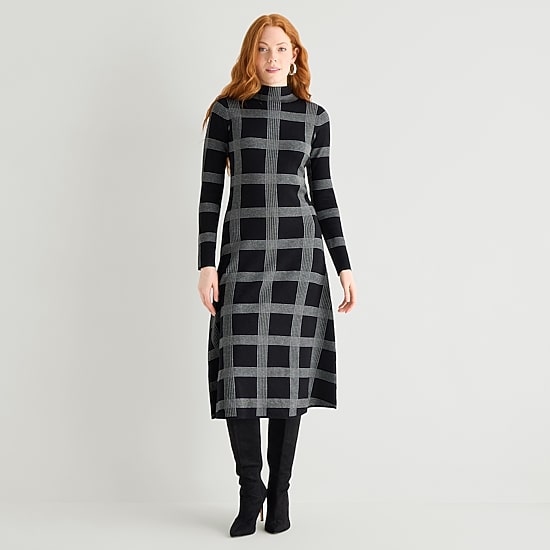 Danny & Nicole Womens Long Sleeve Windowpane Midi Sweater Dress