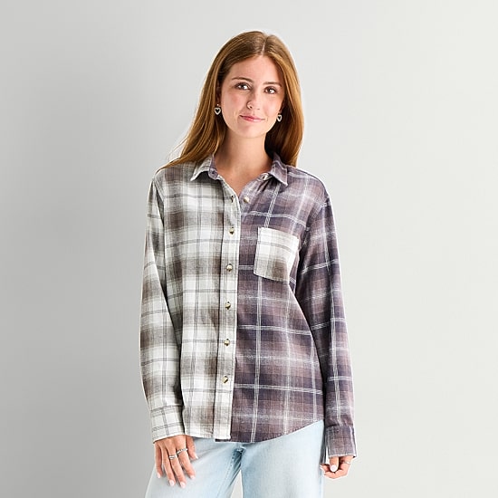 Arizona Womens Juniors Cuffed Long Sleeve Relaxed Fit Button-Down Shirt