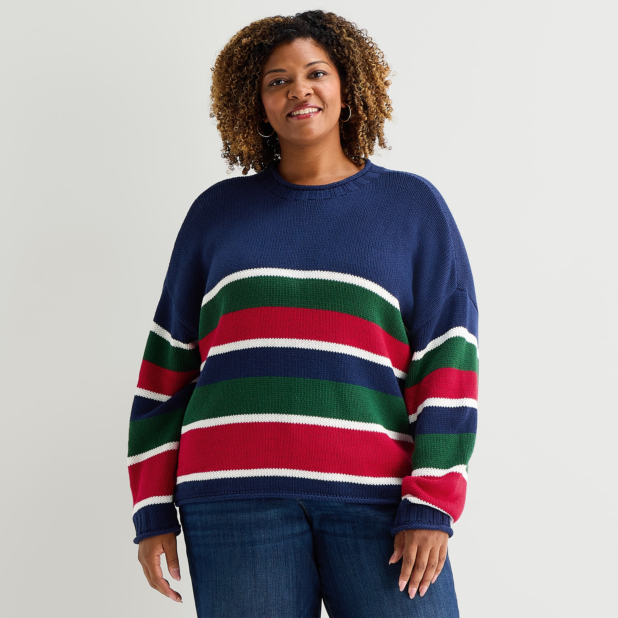 St. John's Bay Plus Womens Crew Neck Long Sleeve Striped Pullover Sweater