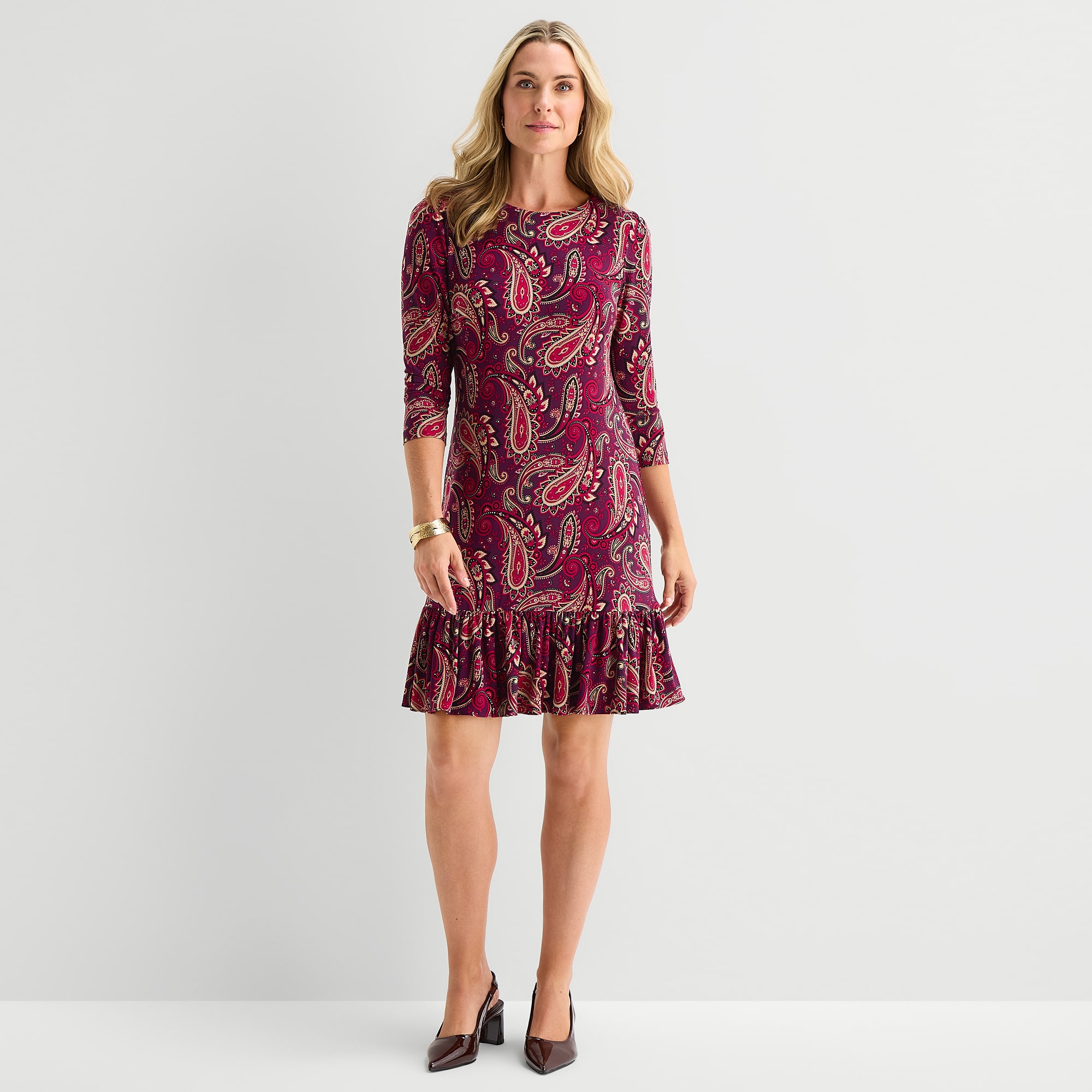 Marc New York Womens Round Neck Long Sleeve Paisley Shift Dress