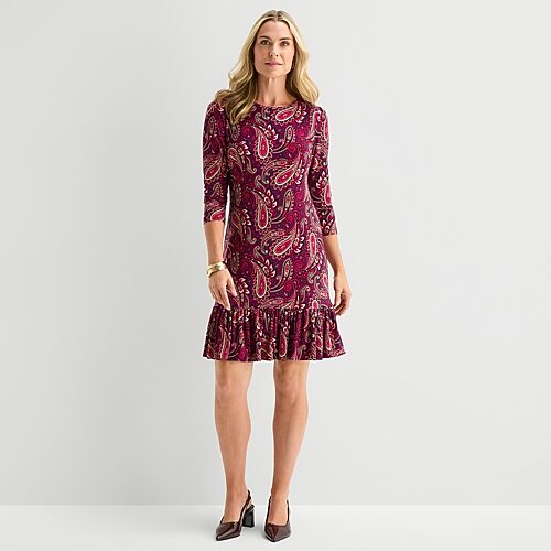 Marc New York Womens Round Neck Long Sleeve Paisley Shift Dress In Red