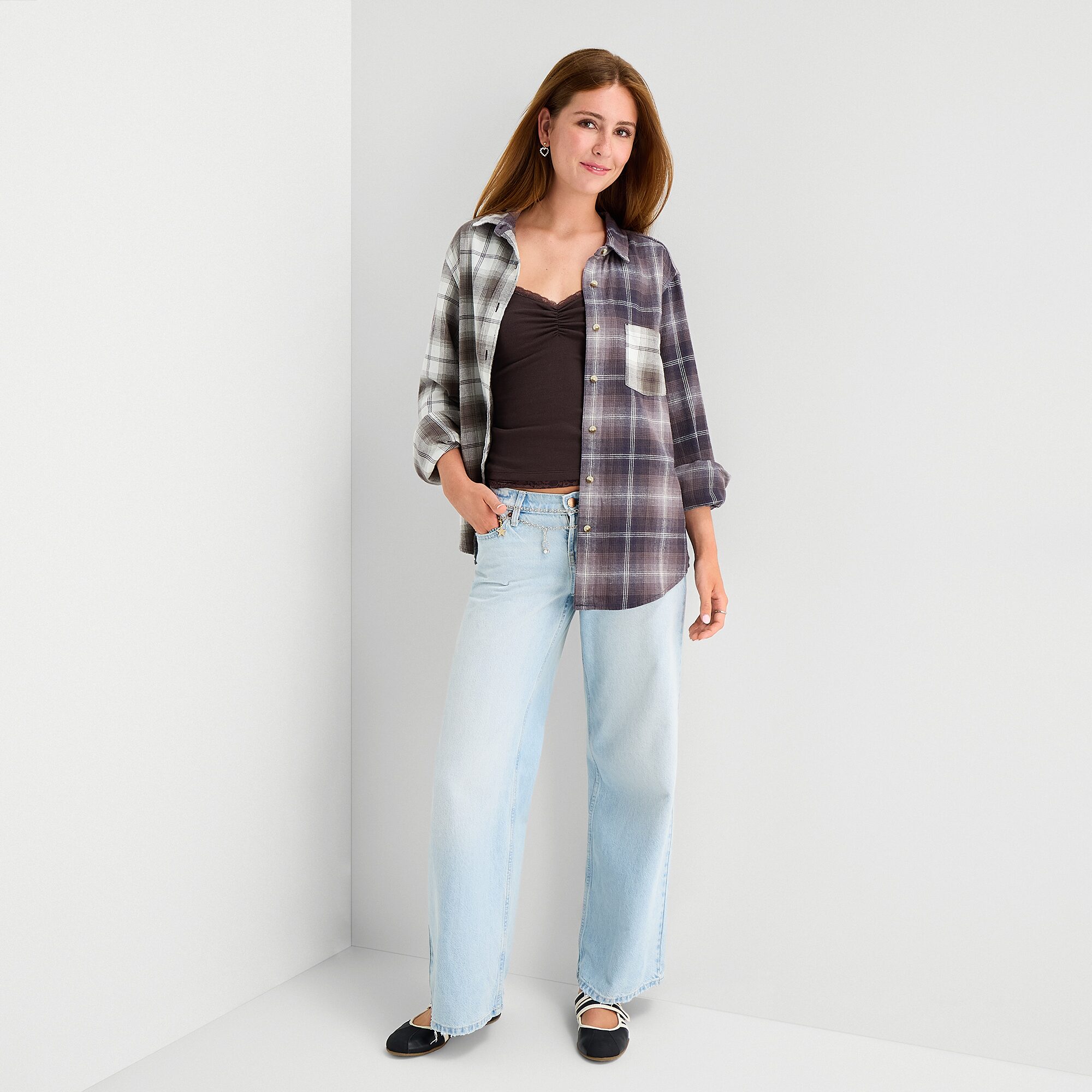 Arizona Womens Juniors Cuffed Long Sleeve Relaxed Fit Button-Down Shirt