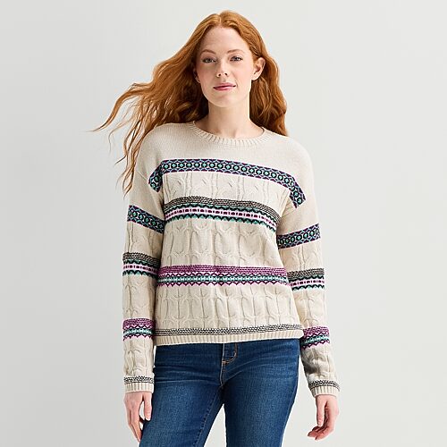 St. John's Bay Womens Crew Neck Long Sleeve Striped Pullover Sweater In White