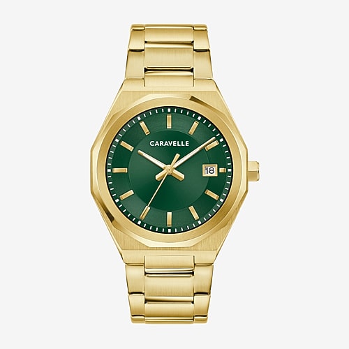 Caravelle Designed By Bulova Dress Mens Gold Tone Stainless Steel Bracelet Watch 44b134 In Yellow