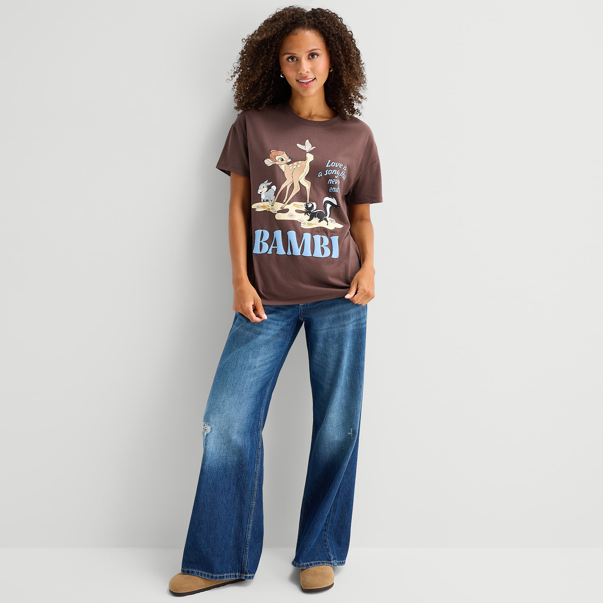 Womens Juniors Crew Neck Short Sleeve Regular Fit Bambi Graphic T-Shirt